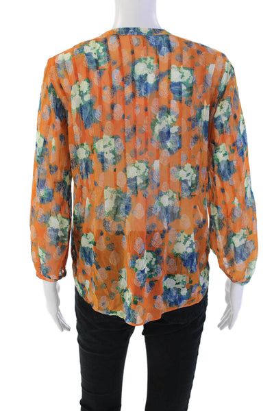 Ecru Womens Button Front 3/4 Sleeve V Neck Floral Blouse Orange Blue Size Small