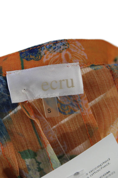 Ecru Womens Button Front 3/4 Sleeve V Neck Floral Blouse Orange Blue Size Small