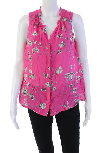 Ecru Womens Button Front V Neck Floral Butterfly Blouse Top Pink White Small