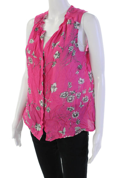 Ecru Womens Button Front V Neck Floral Butterfly Blouse Top Pink White Small
