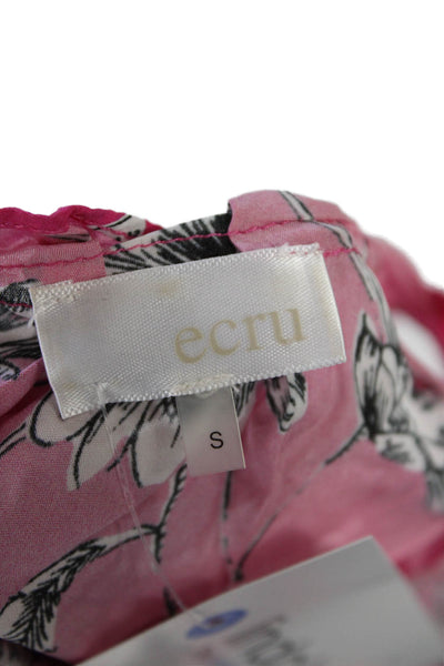 Ecru Womens Button Front V Neck Floral Butterfly Blouse Top Pink White Small