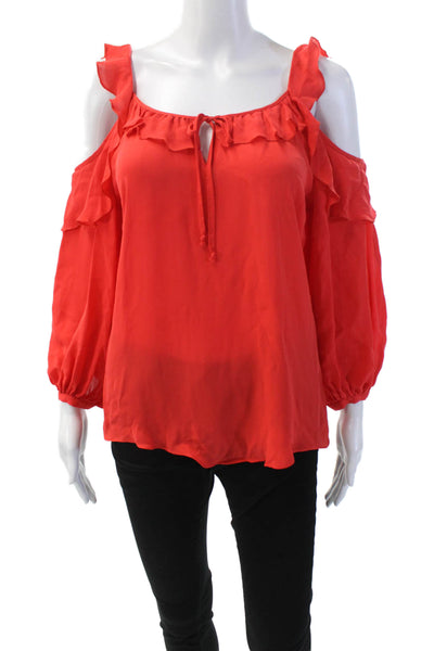 Parker Women's Scoop Neck Cold Shoulder Ruffle Silk Blouse Red Size S