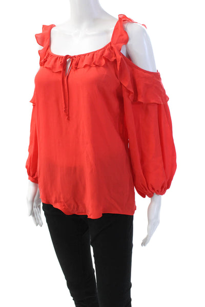 Parker Women's Scoop Neck Cold Shoulder Ruffle Silk Blouse Red Size S