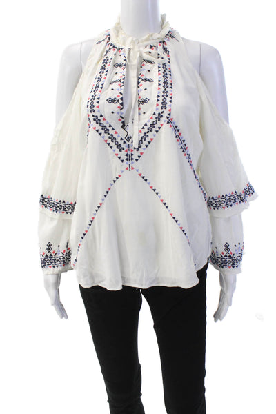 Parker Women's Ruffle 3/4 Sleeves Tie Neck Ruffle Blouse White Size S