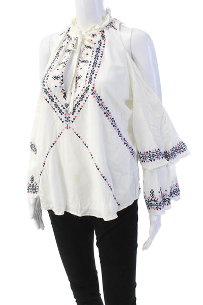 Parker Women's Ruffle 3/4 Sleeves Tie Neck Ruffle Blouse White Size S