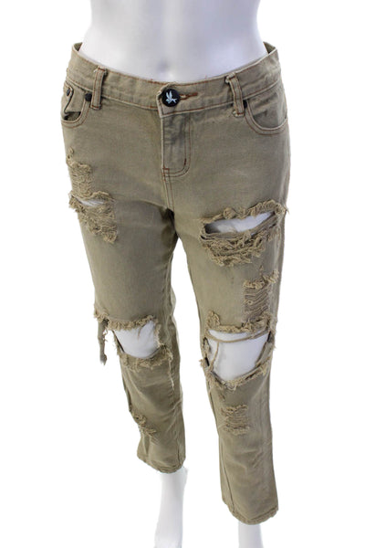 One by One Teaspoon Womens High Rise Embroidered Trim Distressed Jeans Brown 27