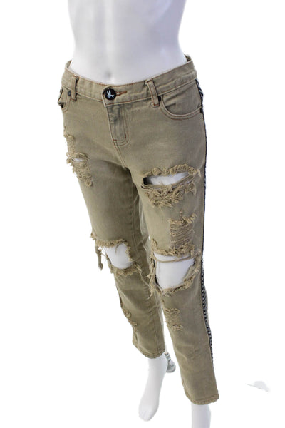 One by One Teaspoon Womens High Rise Embroidered Trim Distressed Jeans Brown 27