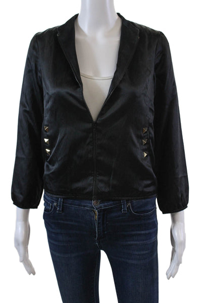Loeffler Randall Womens Front Zip Spike Studded Crew Neck Jacket Black Size 0