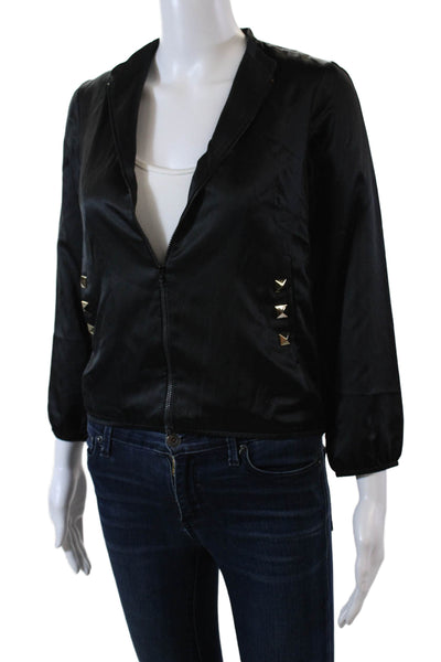 Loeffler Randall Womens Front Zip Spike Studded Crew Neck Jacket Black Size 0