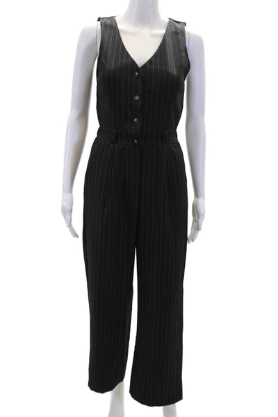 Monteau Womens Sleeveless V-neck Button Striped Jumpsuit Black Size XS