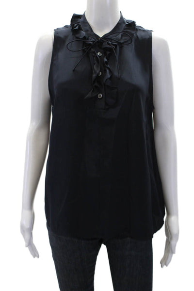 Frame Shirt Womens Silk Ruffled Half Button Down Tank Top Navy Blue Size Medium