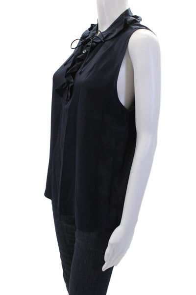 Frame Shirt Womens Silk Ruffled Half Button Down Tank Top Navy Blue Size Medium
