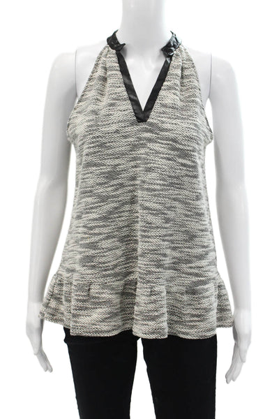 THML Women's Leather Trim Sleeveless V-Neck Tank Top Black Size S