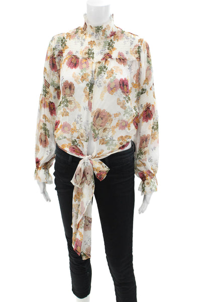 Nicholas Women's Mock Neck Smocked Long Sleeves Tie Front Floral Blouse Size S