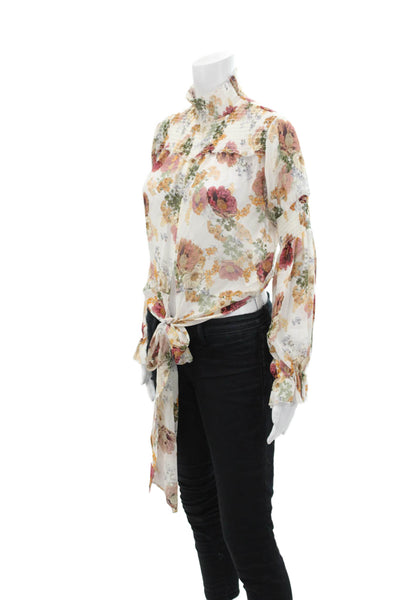 Nicholas Women's Mock Neck Smocked Long Sleeves Tie Front Floral Blouse Size S