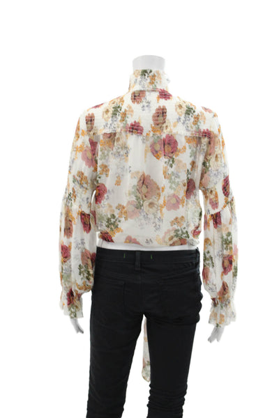 Nicholas Women's Mock Neck Smocked Long Sleeves Tie Front Floral Blouse Size S