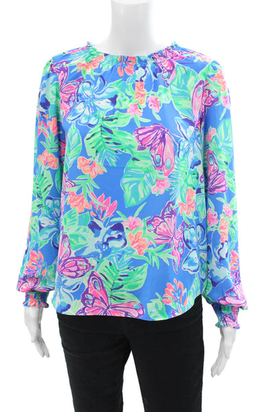 Lily Pulitzer Womens Long Sleeve Scoop Neck Floral Print Blouse Blue Size XS