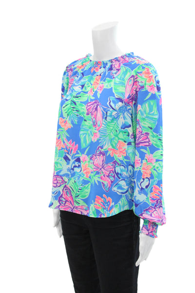Lily Pulitzer Womens Long Sleeve Scoop Neck Floral Print Blouse Blue Size XS