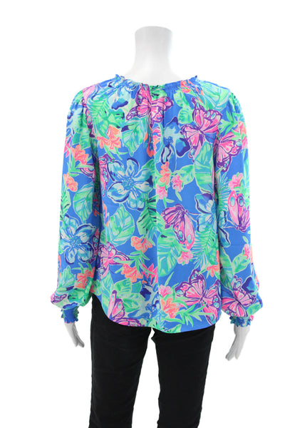 Lily Pulitzer Womens Long Sleeve Scoop Neck Floral Print Blouse Blue Size XS