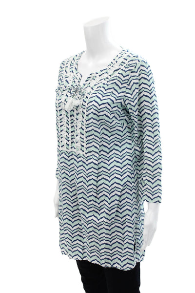 Vineyard Vines Womens Cotton Long Sleeve V-neck Animal Print Top Blue Size S