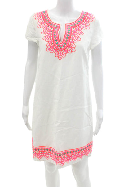 Vineyard Vines Womens Cotton Short Sleeve V-neck Beaded Dress Nude Size 04