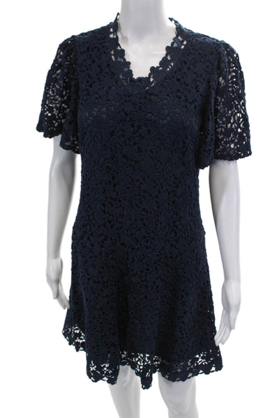 Rebecca Taylor Womens Back Zip Short Sleeve Lace Mini Dress Navy Size Small
