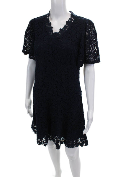 Rebecca Taylor Womens Back Zip Short Sleeve Lace Mini Dress Navy Size Small