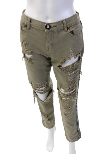 One by One Teaspoon Womens Mid Rise Distressed Embroidered Jeans Brown Size 26