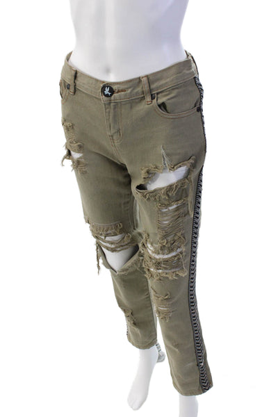 One by One Teaspoon Womens Mid Rise Distressed Embroidered Jeans Brown Size 26
