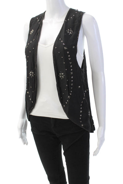 Haute Hippie Womens Open Fornt Studded Silk Vest Jacket Black Size Extra Small