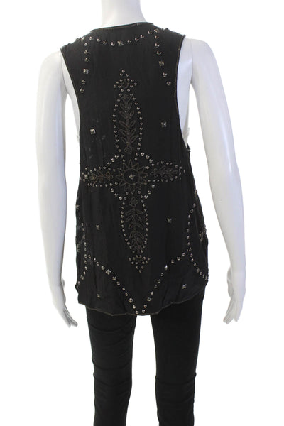 Haute Hippie Womens Open Fornt Studded Silk Vest Jacket Black Size Extra Small