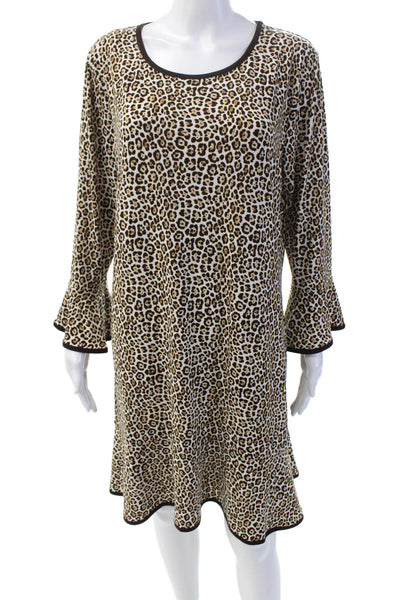 Michael Michael Kors Womens 3/4 Sleeve Scoop Neck Leopard Dress White Brown XL