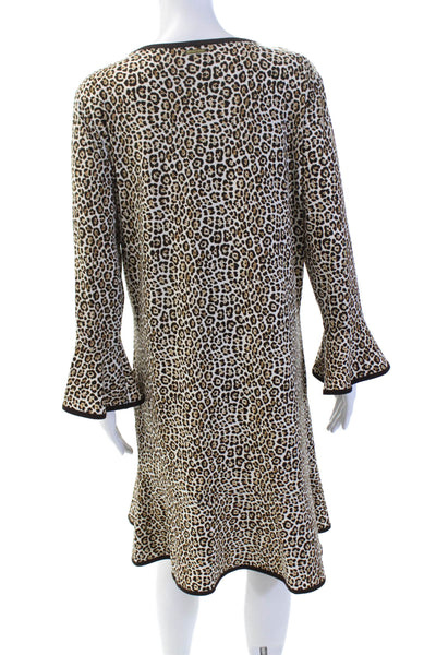 Michael Michael Kors Womens 3/4 Sleeve Scoop Neck Leopard Dress White Brown XL