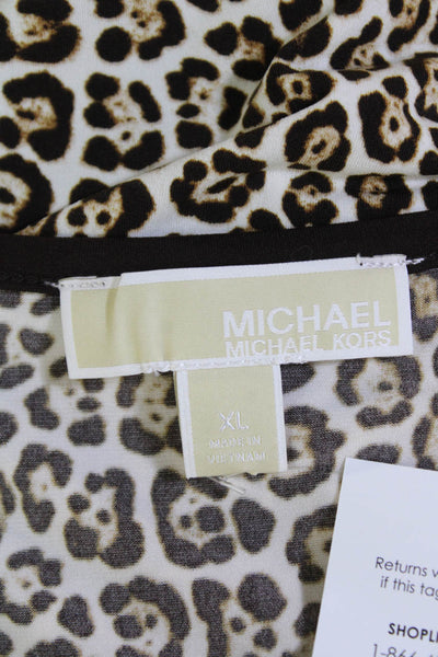 Michael Michael Kors Womens 3/4 Sleeve Scoop Neck Leopard Dress White Brown XL