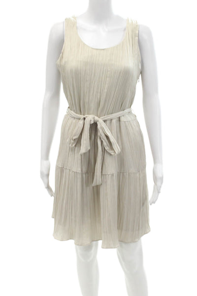 Drew Womens Pleated Belted Round Neck Sleeveless Tiered Dress Taupe Size M