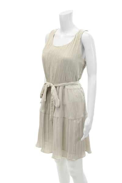 Drew Womens Pleated Belted Round Neck Sleeveless Tiered Dress Taupe Size M