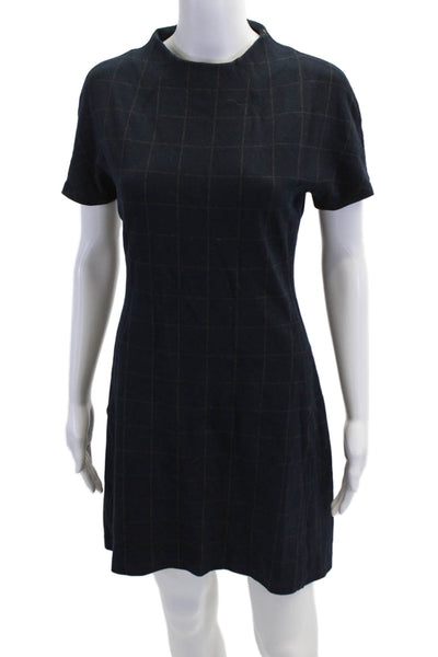 Theory Womens Windowpane Plaid Dolman Sleeves Shift Dress Navy Blue Size Small