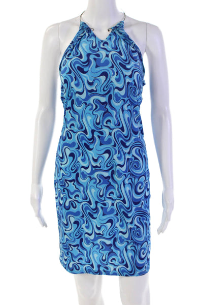 Designer Womens Abstract Print Sleeveless Halter Neck Mini Dress Blue Size S