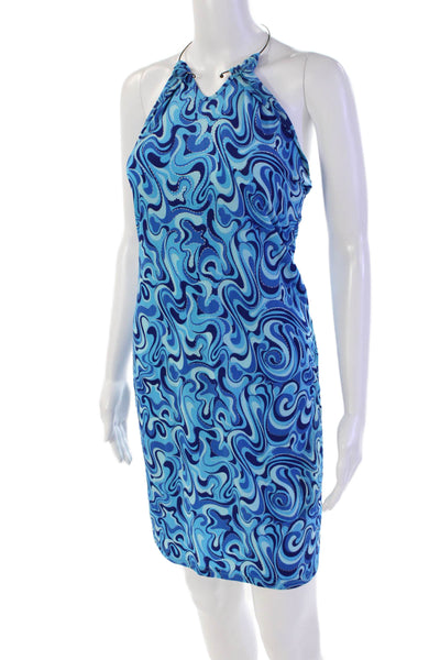 Designer Womens Abstract Print Sleeveless Halter Neck Mini Dress Blue Size S