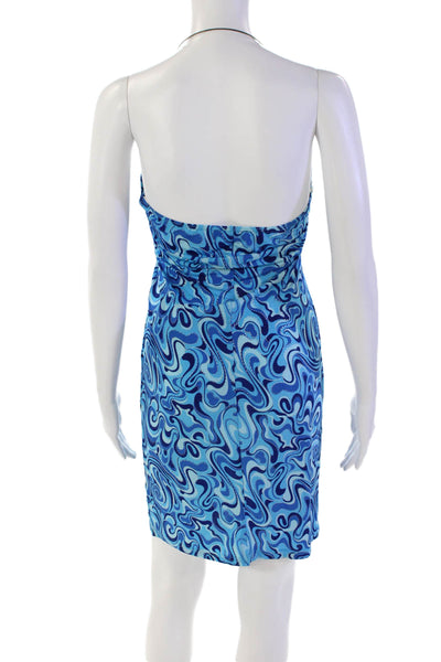 Designer Womens Abstract Print Sleeveless Halter Neck Mini Dress Blue Size S