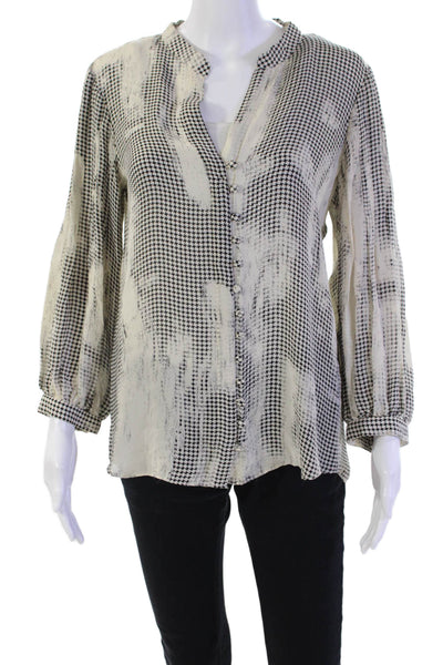 Parker Womens Button Front V Neck Abstract Silk Shirt White Black Size Small