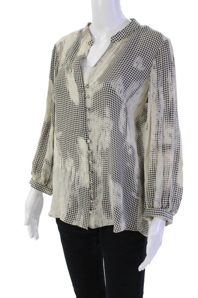 Parker Womens Button Front V Neck Abstract Silk Shirt White Black Size Small