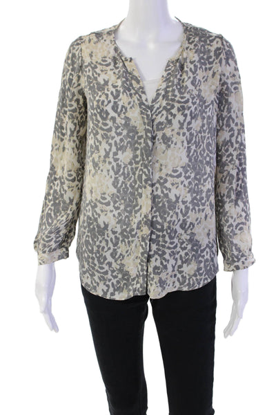 Joie Womens Long Sleeve Button Front V Neck Silk Printed Top Gray White Size XS