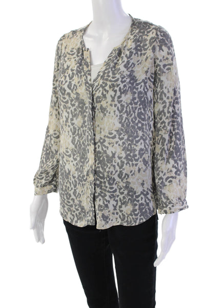 Joie Womens Long Sleeve Button Front V Neck Silk Printed Top Gray White Size XS