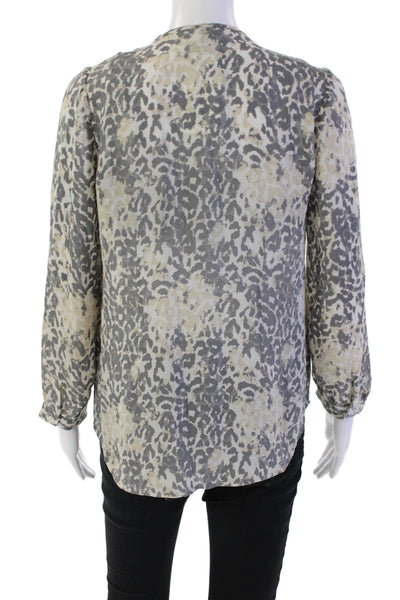 Joie Womens Long Sleeve Button Front V Neck Silk Printed Top Gray White Size XS