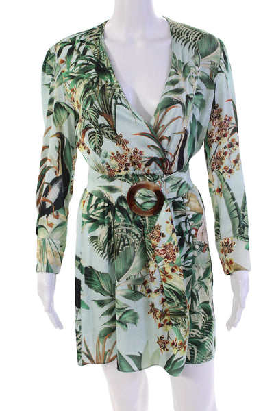 PatBO Womens Tropical Print Buttoned Belted V-Neck Mini Dress Green Size S