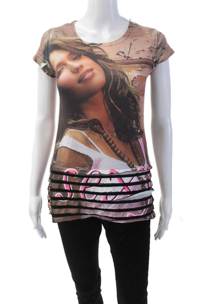 Designer Womens Graphic Print Cap Sleeve Round Neck Basic T-Shirt Brown Size S