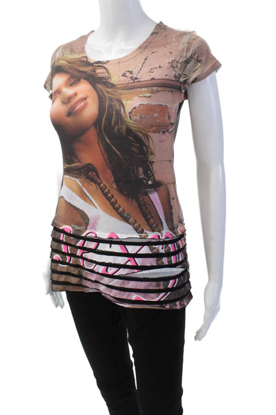 Designer Womens Graphic Print Cap Sleeve Round Neck Basic T-Shirt Brown Size S