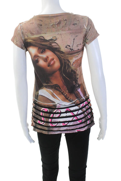 Designer Womens Graphic Print Cap Sleeve Round Neck Basic T-Shirt Brown Size S