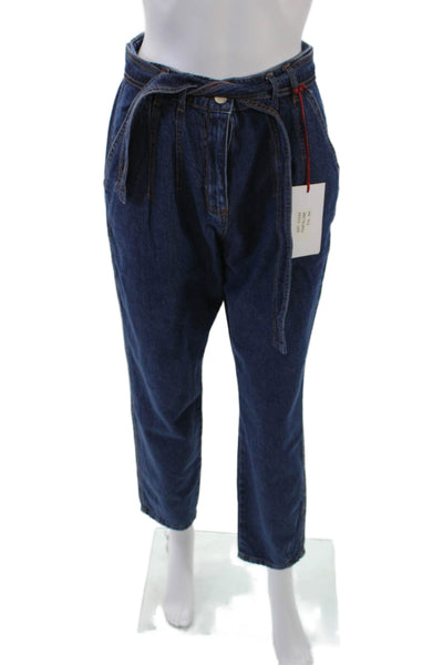 Ylam Jeans Womens Cotton Denim Belted High-Rise Tapered Jeans Blue Size M